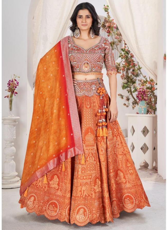 Jacquard Orange Bridal Wear Embroidery Work Ready To Wear Lehenga Choli